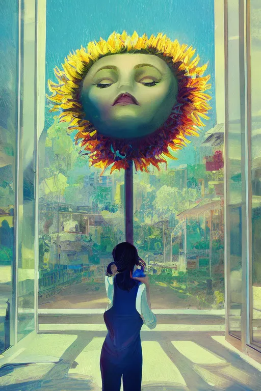 Prompt: closeup, giant flower face, woman standing by large modern windows, luxury, surreal photography, sunlight, impressionist painting, digital painting, artstation, simon stalenhag