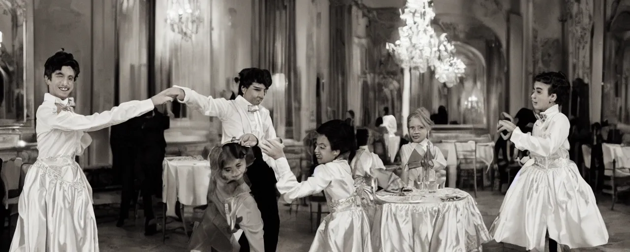 Image similar to a cotillion dance with two young people in fancy outfits, eating spaghetti, canon 5 0 mm, high detail, intricate, cinematic lighting, photography, wes anderson, film, kodachrome