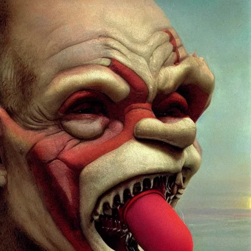 Image similar to vladimir putin, medieval jester, court jester, fool, unga bunga, wearing clown nose, horror teeth, fantasy 3 d render, masterpiece, by donato giancola and greg rutkowski and wayne barlow and zdzisław beksinski, realistic face