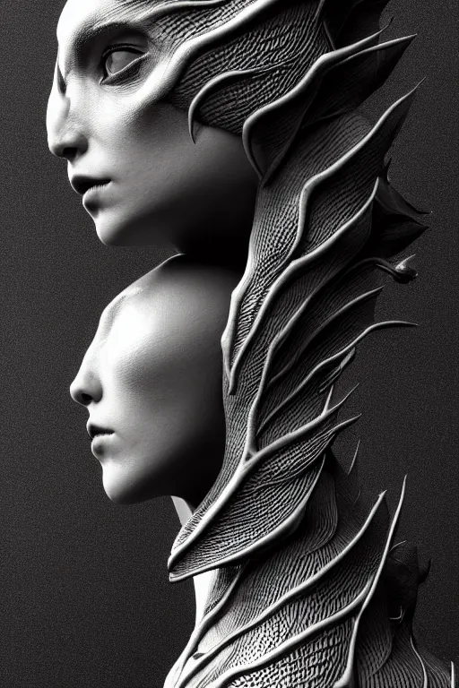 Image similar to bw close - up profile face, black background, beautiful young porcelain vegetal - dragon - cyborg - female, 1 5 0 mm, beautiful natural soft rim light, silver gold details, magnolia leaves and stems, roots, mandelbot fractal, elegant, ultra detailed, white metallic armour, octane render, h. r. giger style