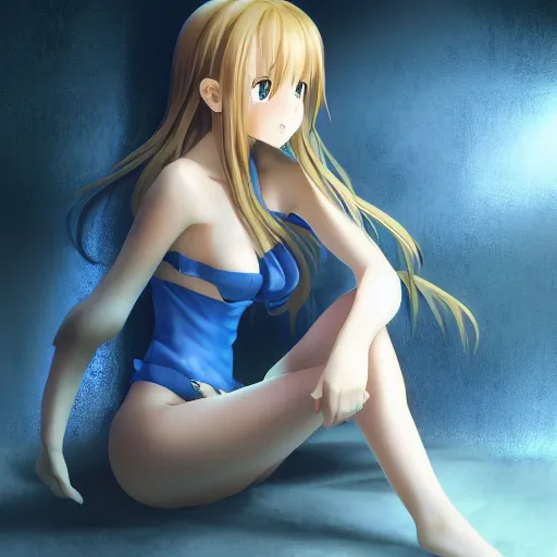 Image similar to a very beautiful young yuuki asuna sitting in a dark prison cell, full body, long wavy blond hair, sky blue eyes, full round face,, shiny golden bikini, miniskirt, front shot, sitting in a dark prison cell, highly detailed, cinematic wallpaper by stanley artgerm lau