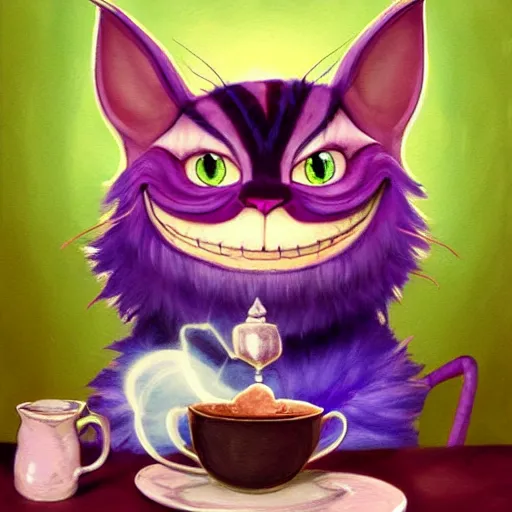 Image similar to cheshire cat drinking tea, by cory loftis, character art, art, very coherent, plain background, lighthearted, soft painting