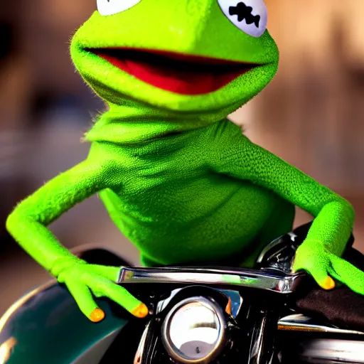 Image similar to slimy kermit the frog leaning against a motorcycle. gq magazine wide angle photograph.