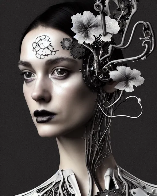 Image similar to monochrome profile portrait painting, silver lace floral steampunk biomechanical beautiful young female cyborg with techno eye, volumetric light, leaves foliage and stems, hibiscus flowers, sinuous fine roots, fine foliage lace, alexander mcqueen, rim light, big gothic fashion pearl embroidered collar, octane render, dutch masters, 8 k