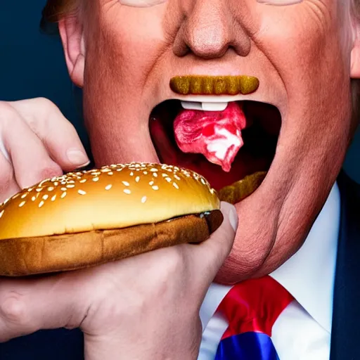 Image similar to photo still of donald trump! licking! a burger with his! tongue! out, mmmmm, studio portrait photo, studio lighting, rim light, key light, food photography, 3 5 mm f 1. 8