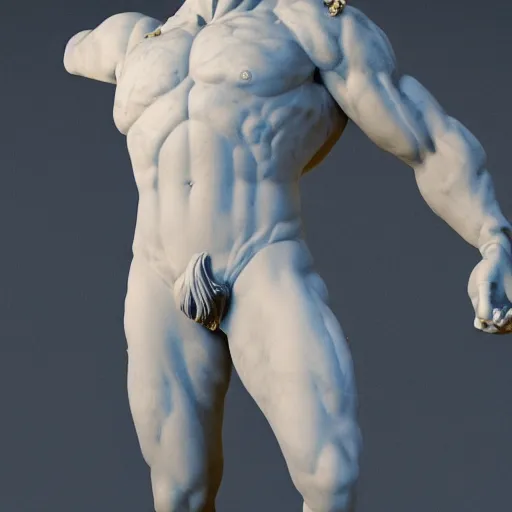 Image similar to photo of fullbody rococo delicate sculpture of a hulking herculean muscular onyx albino marble brock lesnar as an humanoid deity, clothed in silk, wings, sunrays, cinematic lighting, photorealistic, octane render, 8 k, depth of field, 3 d