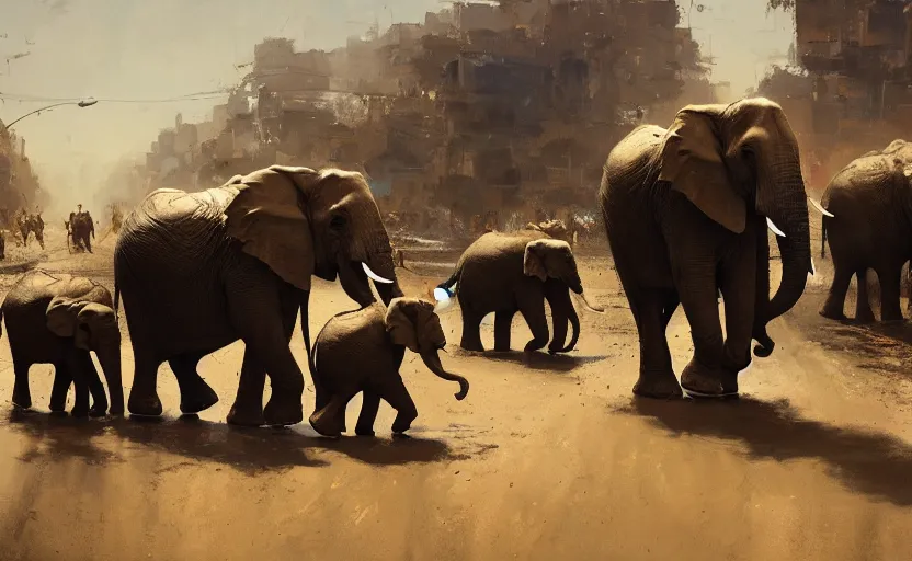 Prompt: Huge elephants dragging goods across the road, which is surrounded by dense fruit stalls, ue, high precision, By Craig Mullins