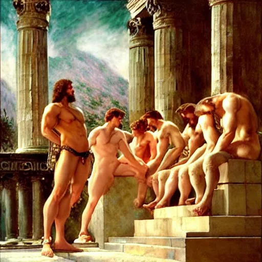 Prompt: hercules watches achilles while they wait in line to worship at zeus'feet, throne of olympus, heavenly marble, gods and goddesses in elegant clothes, painting by gaston bussiere, craig mullins, j. c. leyendecker, tom of finland, claude monet