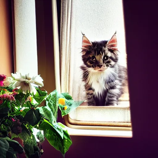 Image similar to medium - shot view from the back of a backlit maine coon kitten gazing out a window at flowers on a sunny day. 3 5 mm, f / 1 1. 0, iso 2 0 0, hdr