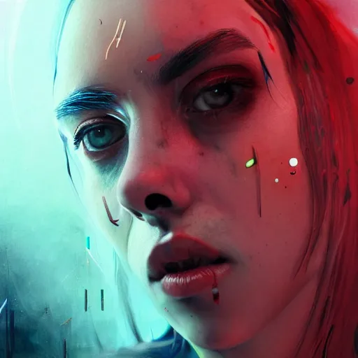 Prompt: Billie Eilish bleeding out of her eyes, cyberpunk, surrounded by smoke, award-winning art, hyperrealistic, by Sam Spratt, by Vlad Rodrig﻿u﻿e﻿z, trending on Artstation, dark, dramatic, cinematic, realistic studio lighting, raytracing, 4k, professional, canon