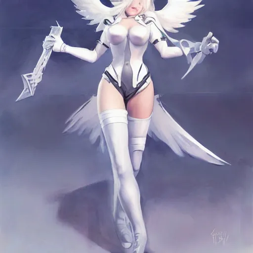 Image similar to greg manchess painting of a 2 yorha type a no. 2 as mercy from overwatch!!, white long hair, large white wings, painting, trending on artstation, by huang guangjian and gil elvgren and sachin teng