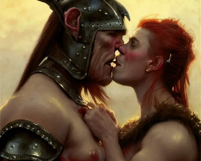 Image similar to romantic fantasy oil painting portrait of two female orc warriors kissing, wearing leather armor. fantasy art by greg rutkowski and john singer sargent