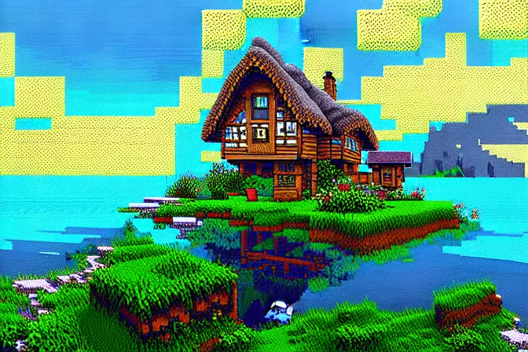 Image similar to view of a cottage above an azure lake, beautiful detailed pixelart by albertov, intricate details, beautiful, dithered gradients, volumetric lighting, cgsociety, artstation, 2 d