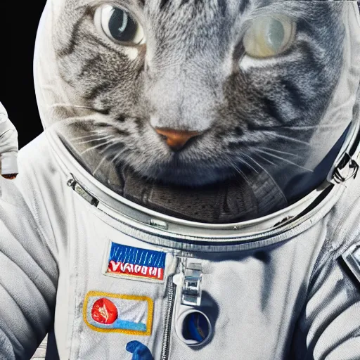 Prompt: a picture of a grey tabby cat wearing an astronaut suit, standing in the moon. Highly detailed . 4k