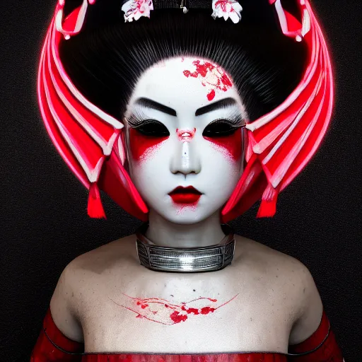 Image similar to geisha warrior ornated armor war paint, detailed, jewelry, sakura,photograph, award wining, red and white, trending on artstation, 4k, unreal engine 5, octane render, neon highlights