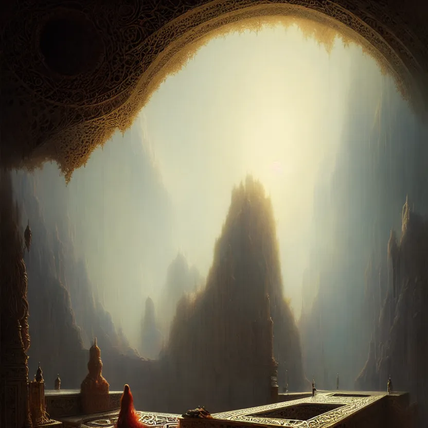 Image similar to magic fluffy Persian carpet & mirror dimension, vertical labyrinth structure, vast vistas, by Greg Rutkowski and Gaston Bussiere, dim lighting, beautiful volumetric-lighting-style atmosphere, surreal atmosphere, intricate, detailed, photorealistic imagery, artstation