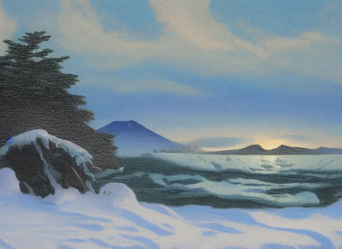 Prompt: the coast of hokkaido in winter, japan in the style of hudson river school of art, oil on canvas