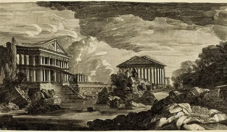 Image similar to A serene landscape with a singular building in the style ofGiovanni Battista Piranesi.