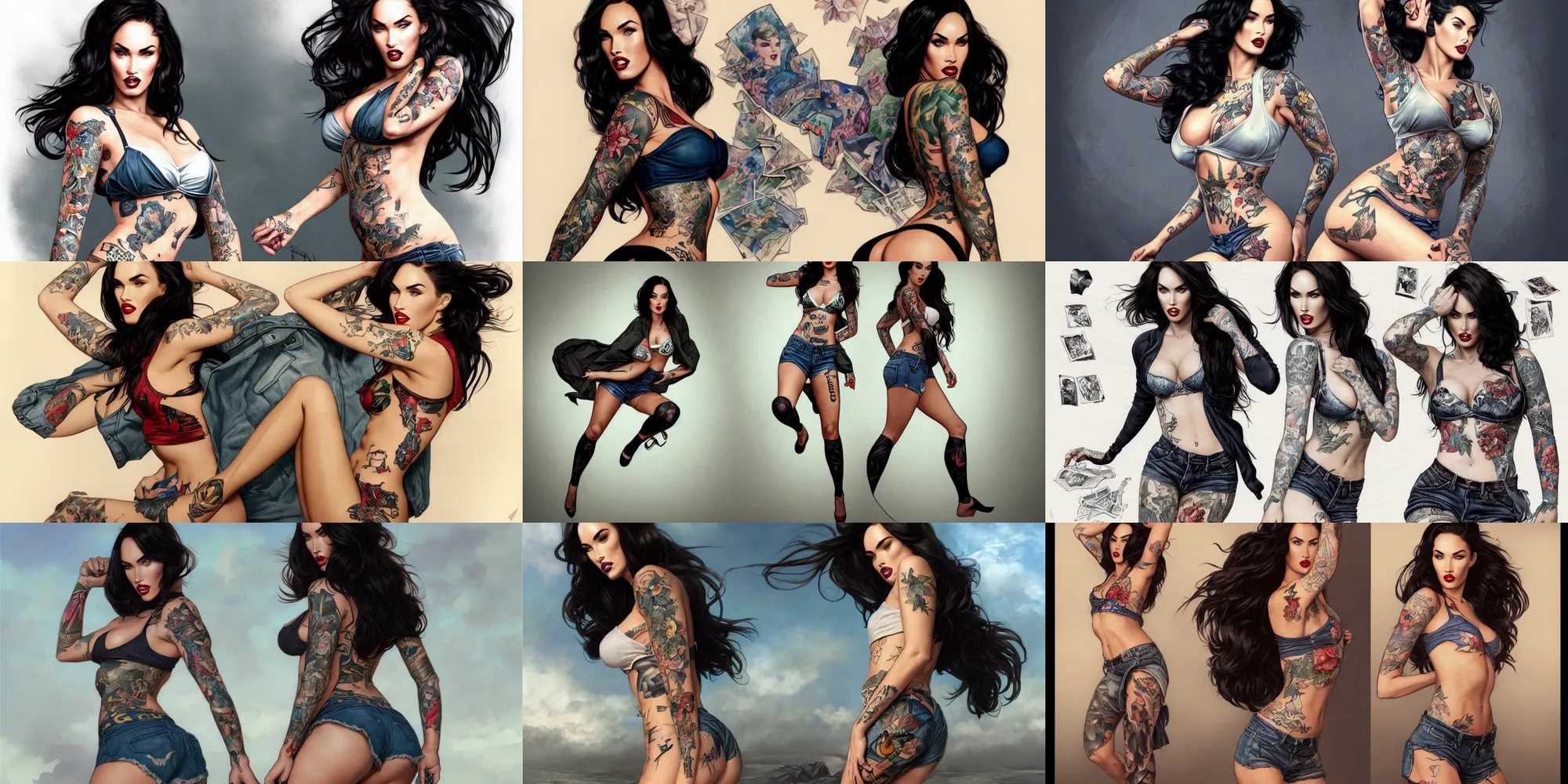 Prompt: tattooed pinup sexy girl megan fox wearing a jacket and ripped shorts running and jumping, character sheet, contrast, deep focus, turnaround, highly detailed, dramatic lighting, rear view, ultra wide angle, digital painting, artstation, concept art, matte, sharp focus, illustration, elegant, art by artgerm and greg rutkowski and alphonse mucha.