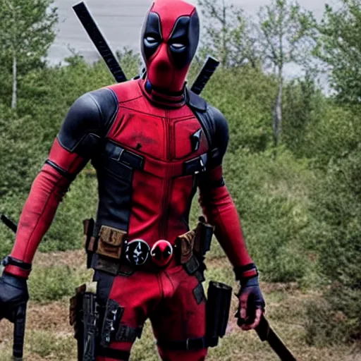 Image similar to deadpool in the walking dead 4 k detailed super realistic