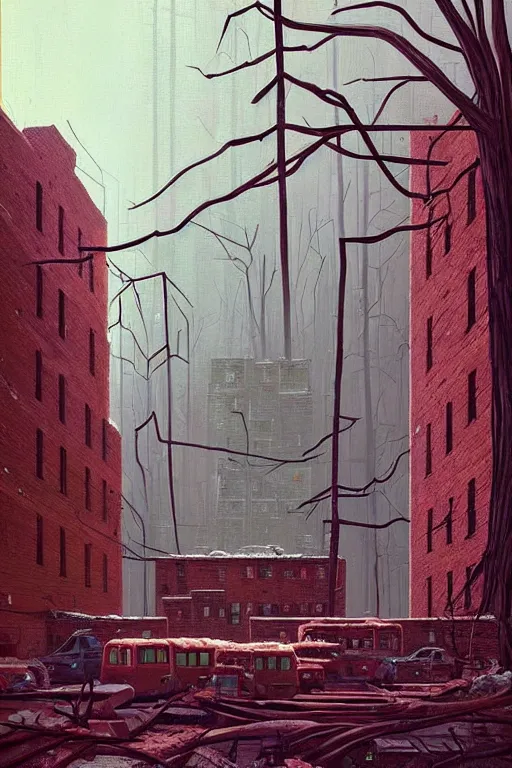 Image similar to (((((a ramshackle manhattan brick brownstone deep in the forest))))) by Simon Stalenhag!!!!!!!!!!!!!!!!!!!!!!!!!!!