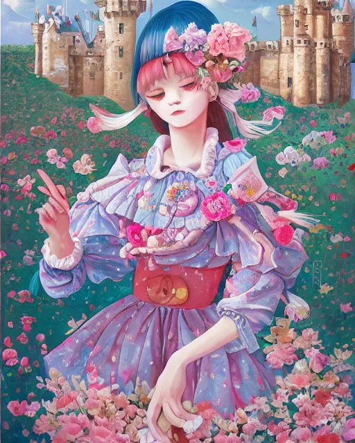 Image similar to a painting of a cute girl with a castle in her hands, poster art by Hikari Shimoda, featured on pixiv, pop surrealism, whimsical, rococo, maximalist