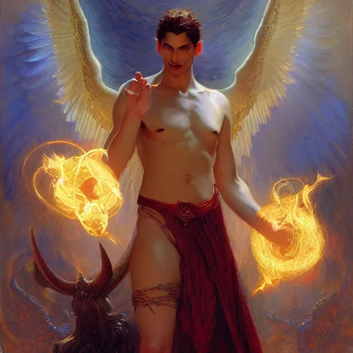 Image similar to attractive male lucifer morning star casting a spell summoning male demons. highly detailed painting by gaston bussiere, craig mullins, j. c. leyendecker, 8 k