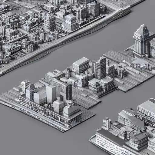 Prompt: an isometric overview Blender 3D model of a metropolis with a river in the middle, 3D grey buildings, octane render