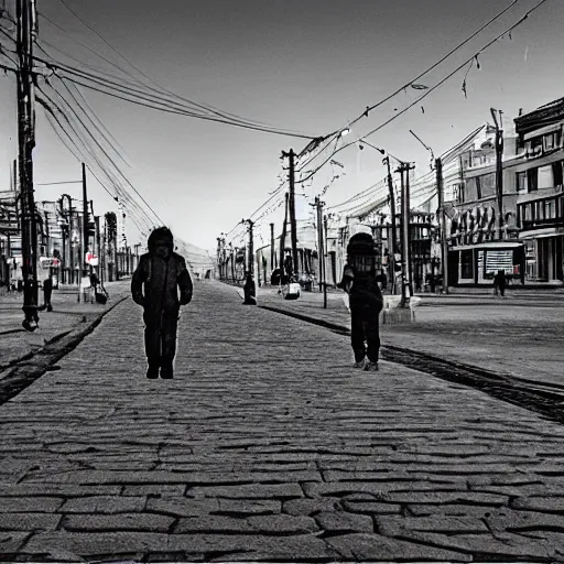 Image similar to moonwalker streetphoto, city street on the moon, a detailed photo of a norilsk, moon landscape