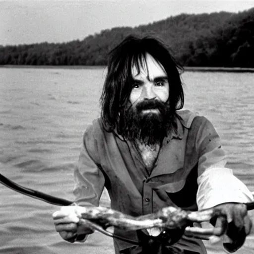 Image similar to charles manson riding a flying fish