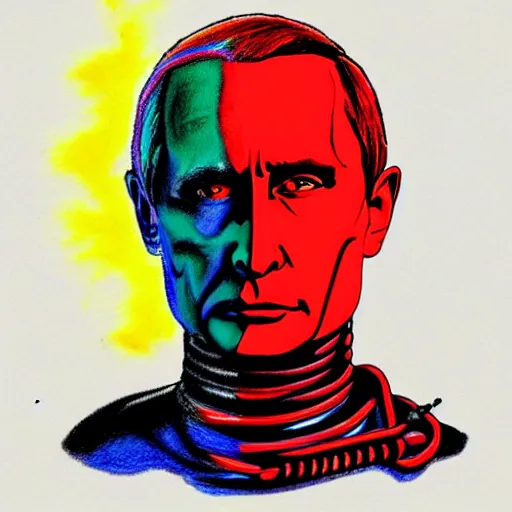 Prompt: Colored crayon drawing of Vladimir Putin as the terminator, half robotic face, red eyes glowing