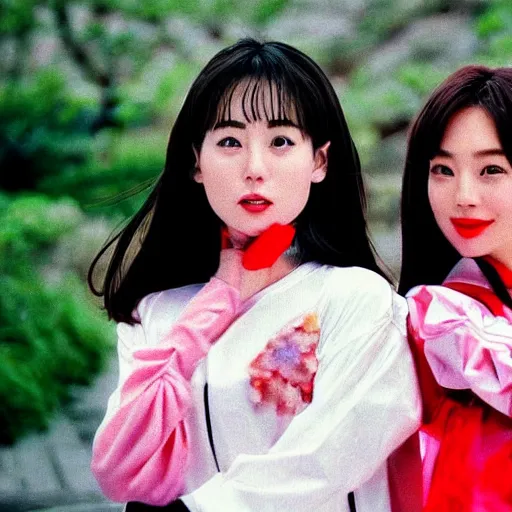 Image similar to 1990s, unbelievably beautiful, perfect, dynamic, epic, cinematic 8K HD movie shot of two semi-close-up japanese beautiful cute young J-Pop idols actresses girls, they express joy and posing together. By a Chinese movie director. Motion, VFX, Inspirational arthouse, high budget, hollywood style, at Behance, at Netflix, with Instagram filters, Photoshop, Adobe Lightroom, Adobe After Effects, taken with polaroid kodak portra