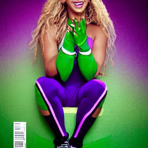 Prompt: Singer Beyoncé with green skin and dark green hair as She-Hulk, white leotard with two purple vertical stripes, green skinned, wearing purple and white fingerless gloves, wearing purple and white sneakers, mini skirt, smiling, photorealistic, sports illustrated, detailed legs, hyperreal, surreal, bokeh, tilt shift photography, green arms, green legs, green face,