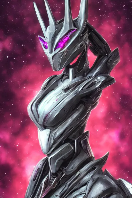 Image similar to bust shot, hyperdetailed realistic elegant beautiful stunning giant robot mecha hot female goddess dragon, sharp spines, sharp metal ears, smooth purple eyes, smooth fuschia skin, smooth silver armor, nebula size, space, epic proportions, epic scale, warframe fanart, macro giantess, furry art, dragon art, goddess art, giantess art, furaffinity, octane