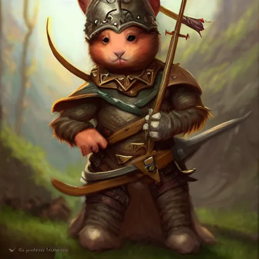 Image similar to cute little anthropomorphic Guinea Pig Crossbow Archer, tiny, small, short, Chainmail outfit, cute and adorable, pretty, beautiful, DnD character art portrait, matte fantasy painting, DeviantArt Artstation, by Jason Felix by Steve Argyle by Tyler Jacobson by Peter Mohrbacher, cinema