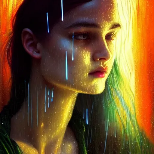 Image similar to bright asthetic portrait LSD glowing backlit rain on face and wet hair, fantasy, intricate, elegant, dramatic lighting, highly detailed, lifelike, photorealistic, digital painting, artstation, illustration, concept art, smooth, sharp focus, art by John Collier and Albert Aublet and Krenz Cushart and Artem Demura and Alphonse Mucha