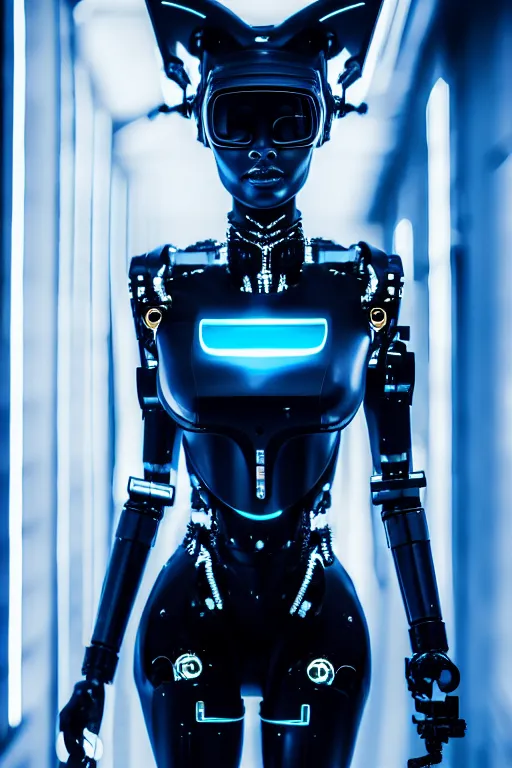 Image similar to cybernetic ultra high tech female robot with cat ears, sci - fi, blade runner, cyberpunk, high tech, futurism, exoskeleton, symmetry, cinematic, elegant, luxury, perfect light, perfect composition, dlsr photography, sharp focus, 8 k, ultra hd, sense of awe, highly detailed, realistic, intricate, science journal cover