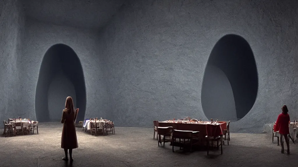 Image similar to the giant nose in the restaurant, made of water, film still from the movie directed by Denis Villeneuve with art direction by Zdzisław Beksiński, wide lens