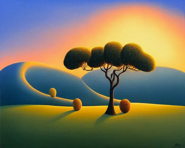 Image similar to a painting of an unimaginably beautiful landscape at golden hour, an ultrafine detailed painting by rafal olbinski, behance contest winner, pop surrealism, detailed painting, very detailed, minimalist, skeuomorphic, airbrush art