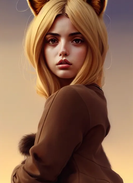 Image similar to ultradetailed beautiful panting of a stylish young lady ( ( ana de armas ) ) wearing a brown foxgirl suit with cat ears, dramatic, furry, she has blond hair, distressed, volumetric light, by greg rutkowski, ilya kuvshinov, james jean, makoto shinkai, on artstation