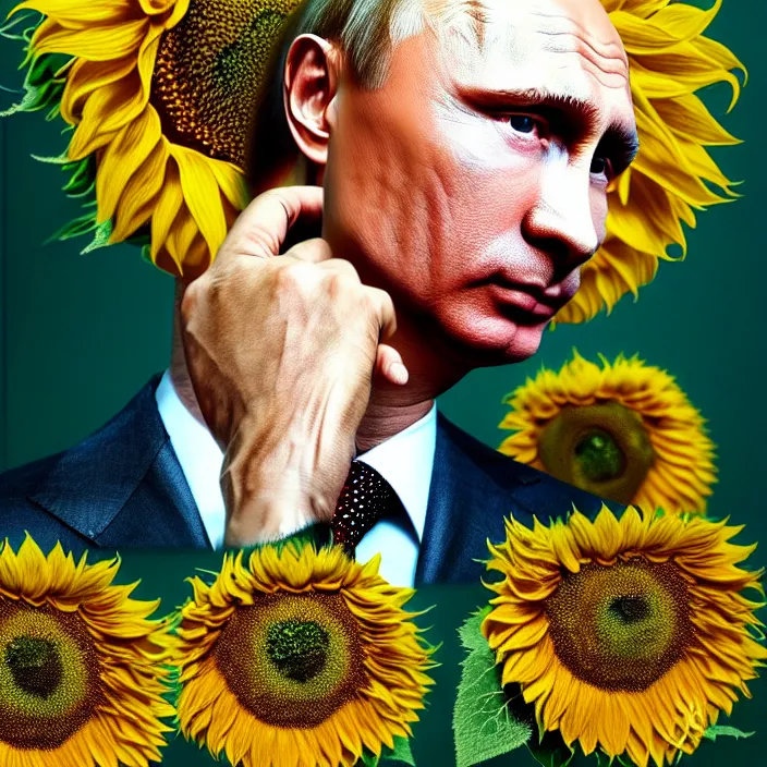 Prompt: photo portrait of Vladimir Putin - sunflowers - dressed in leisure shirt with ornamental ethereal sunflower pattern, natural skin tone, highly detailed realistic flowers ornament on the shirt, raging war and explosions in the background, eyebrows are intricate and highly detailed, elegant, Realistic, Refined, Highly Detailed, natural soft pastel lighting colors scheme, fine art photography by Cecil Beaton, volumetric lighting, hyper realistic photography