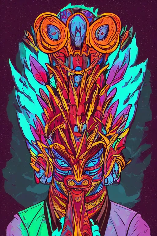 Image similar to animal mask totem roots flower tribal feather gemstone plant wood rock shaman vodoo video game vector cutout illustration vivid multicolor borderlands comics by josan gonzales and dan mumford radiating a glowing aura