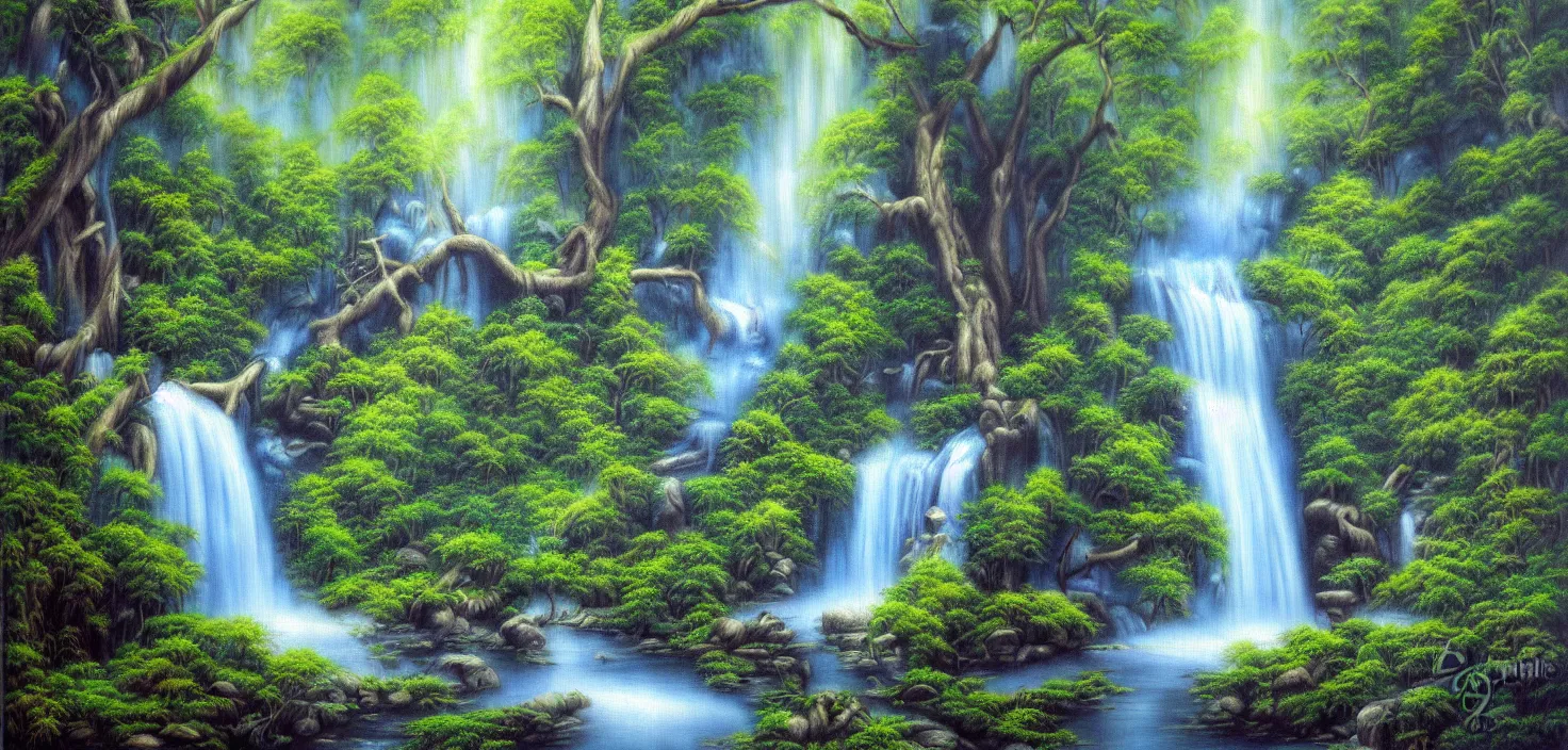 Image similar to a painting of a waterfall in a forest, an airbrush painting by terry redlin, deviantart, metaphysical painting, airbrush art, detailed painting, oil on canvas