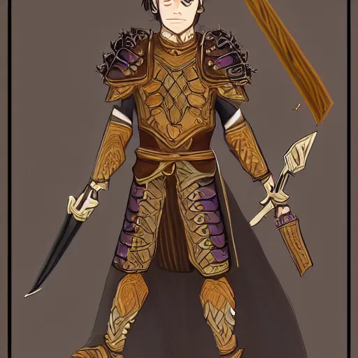 Prompt: character design for a fantasy character named Regulon. Regulon is 32 years old with medium length brown hair and wearing ornate armor. He is a mastermind behind a rebellion