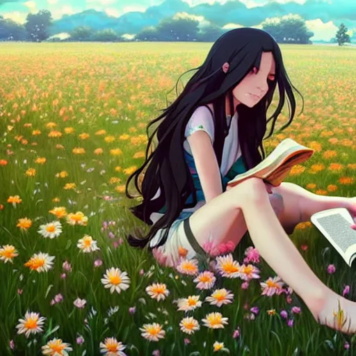 Prompt: a beautiful girl with long dark hair, sitting in a field of flowers, reading a book, sunny, daytime, sharp focus, intricate, digital painting, artstation, official media, anime key visual, highly detailed, rich vivid colors, ambient lighting, illustration, art by Artgerm, Makoto Shinkai, Ilya Kuvshinov, Lois Van Baarle, and Rossdraws