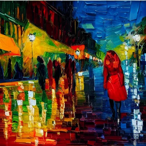 Prompt: impasto acrylic palette knife, impressionism and expressionism, strong emotional impact, bold colors, expressive brushstrokes, overall sense of movement in the composition. woman in a serene san francisco streetscape at night, trending on artstation