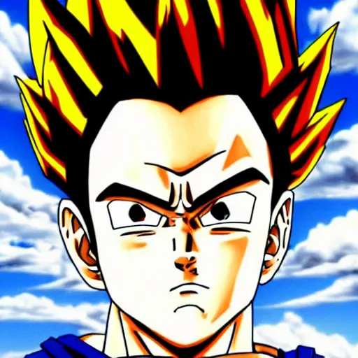 Prompt: super saiyan christopher walken, dragon ball z, blue sky and clouds in background