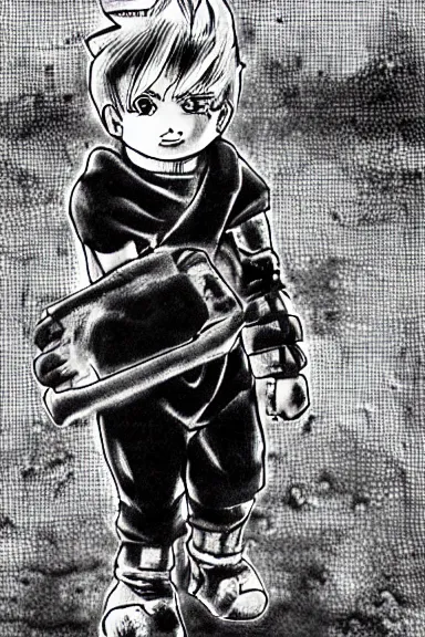 Image similar to attractive salvage little boy in cat suit, black and white artwork made by kentaro miura and yoshihiro togashi