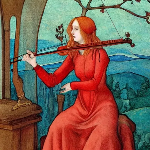 Image similar to woman with red hair red dress at the center of the stage playing redwood violin, artistic, renaissance, soft, detailed, art nouveau, artwork of the century, precision