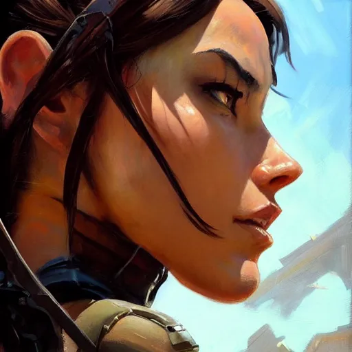 Image similar to greg manchess portrait painting of partially armored lara croft as overwatch character, close - up shot, asymmetrical, profile picture, organic painting, sunny day, matte painting, bold shapes, hard edges, street art, trending on artstation, by huang guangjian and gil elvgren and sachin teng